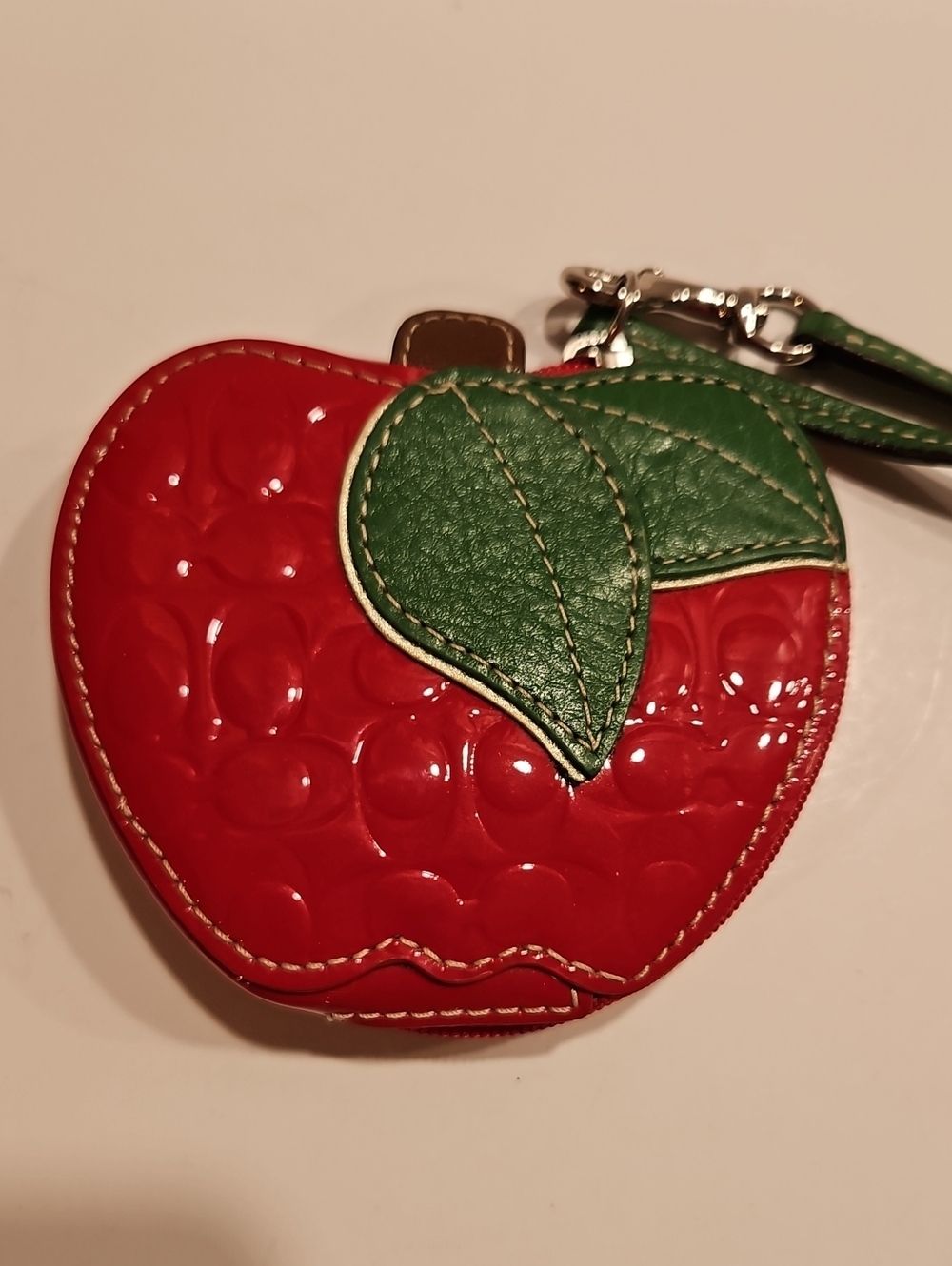 COACH RED PATENT LEATHER APPLE COIN PURSE, KEYCHAIN, WRISTLET.